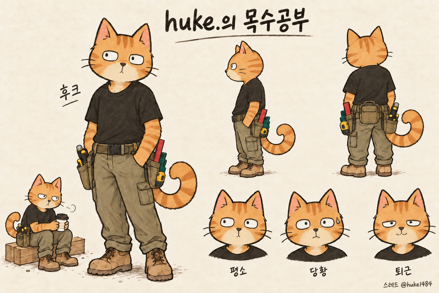 1/1. 치즈냥이 후크 캐릭터 시트. 앞모습·옆모습·뒷모습, 검정 티셔츠와 카키 작업바지·못주머니, 평소·당황·퇴근 표정.